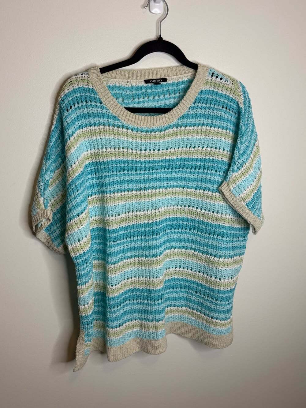 Olsen Striped Teal & Cream Short-Sleeve Knit Sweater size XL